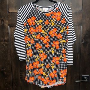 LuLaRoe Randy 3/4 Sleeve Top Black, White, Orange Floral Stripe Polka Dot